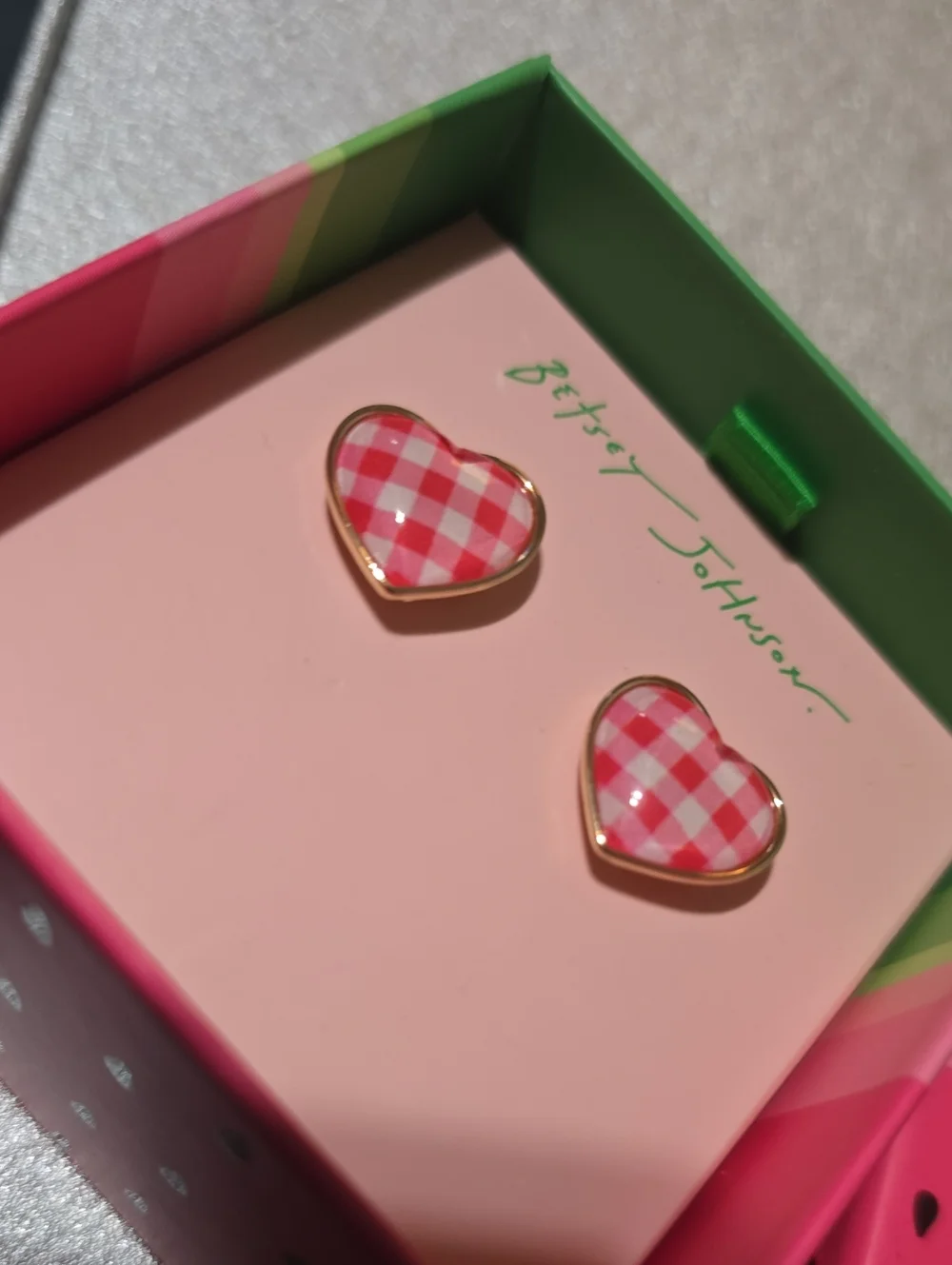 Betsey Johnson Red Gingham Heart Stud Earrings NWT/NIB